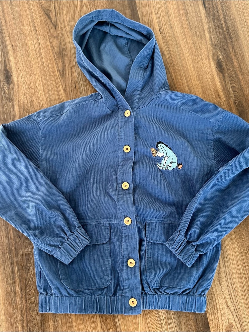 Disney Eeyore Jacket Women Small Blue Corduroy Embroidered Winnie The Pooh Hood